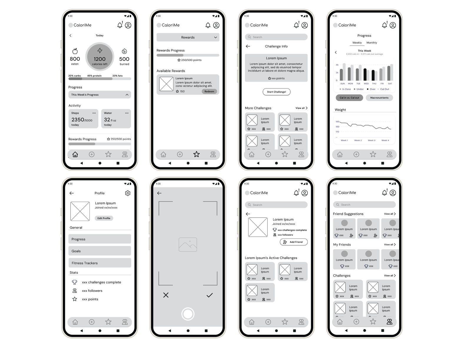 CaloriMe Low-Fidelity Mockups